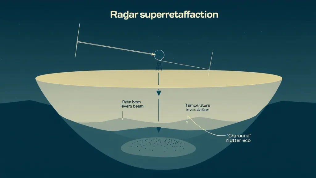 Diagram showing how a temperature inversion bends a radar beam downward until it hits the ground, creating a false echo that can look like a solid object